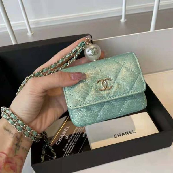 Chanel Women Flap Coin Purse Chain Iridescent Grained Calfskin Imitation Pearls Green (4)