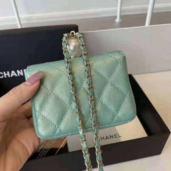 Chanel Women Flap Coin Purse Chain Iridescent Grained Calfskin Imitation Pearls Green (5)