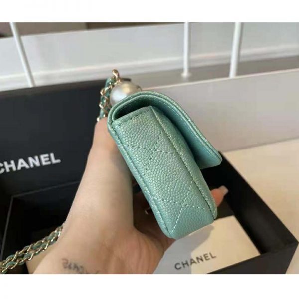 Chanel Women Flap Coin Purse Chain Iridescent Grained Calfskin Imitation Pearls Green (6)