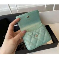 Chanel Women Flap Coin Purse Chain Iridescent Grained Calfskin Imitation Pearls Green