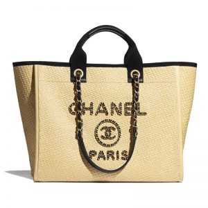 Chanel Women Large Shopping Bag Straw Calfskin & Gold-Tone Metal Beige & Black