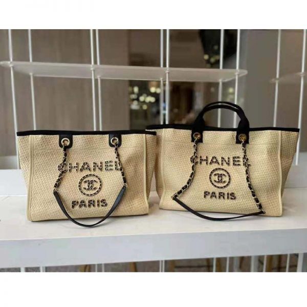 Chanel Women Large Shopping Bag Straw Calfskin & Gold-Tone Metal Beige & Black (12)