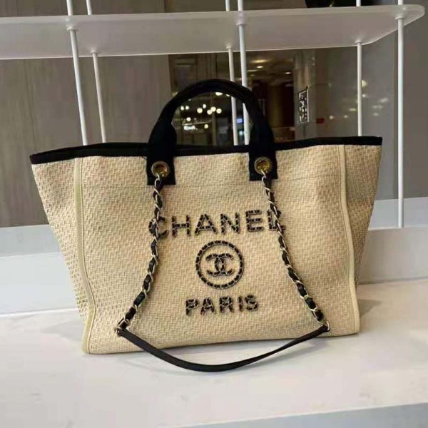 Chanel Women Large Shopping Bag Straw Calfskin & Gold-Tone Metal Beige & Black (2)