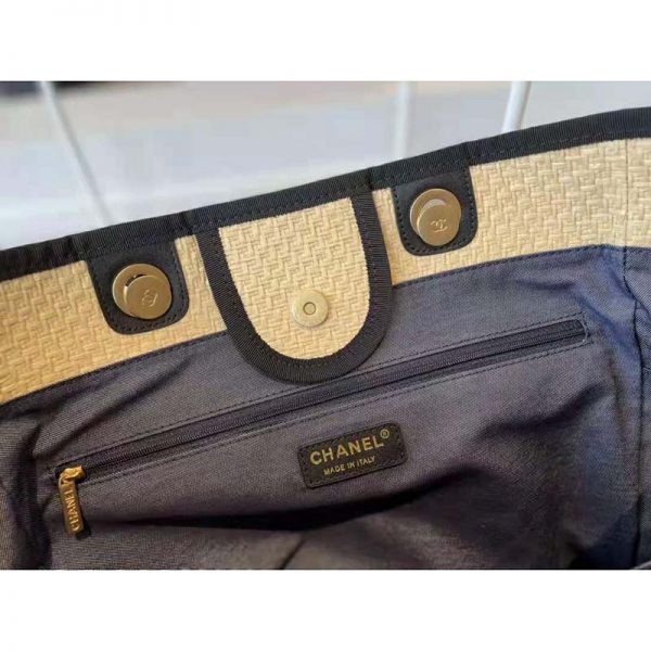 Chanel Women Large Shopping Bag Straw Calfskin & Gold-Tone Metal Beige & Black (3)