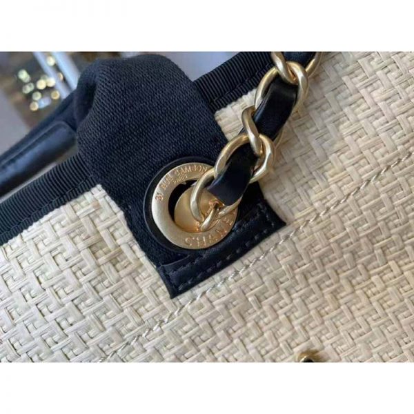Chanel Women Large Shopping Bag Straw Calfskin & Gold-Tone Metal Beige & Black (5)