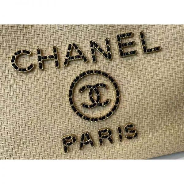 Chanel Women Large Shopping Bag Straw Calfskin & Gold-Tone Metal Beige & Black (6)