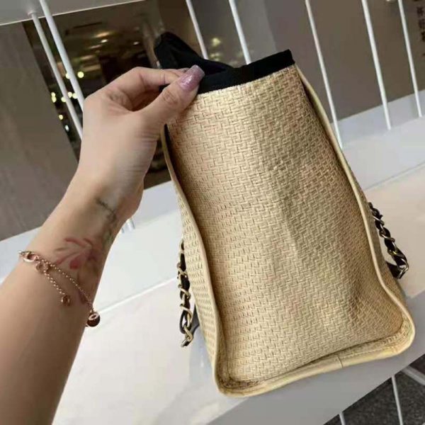 Chanel Women Large Shopping Bag Straw Calfskin & Gold-Tone Metal Beige & Black (7)