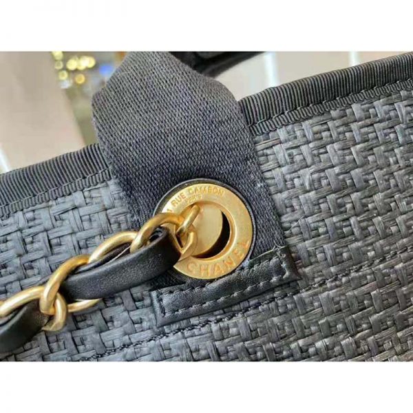 Chanel Women Large Shopping Bag Straw Calfskin & Gold-Tone Metal Black (10)