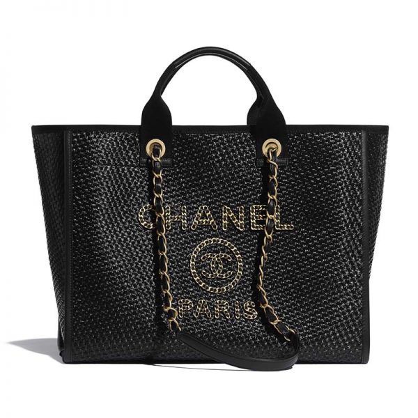 Chanel Women Large Shopping Bag Straw Calfskin & Gold-Tone Metal Black