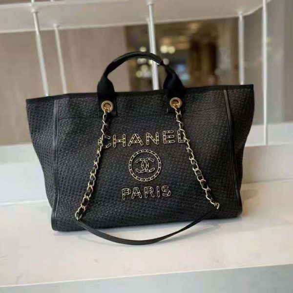 Chanel Women Large Shopping Bag Straw Calfskin & Gold-Tone Metal Black (7)