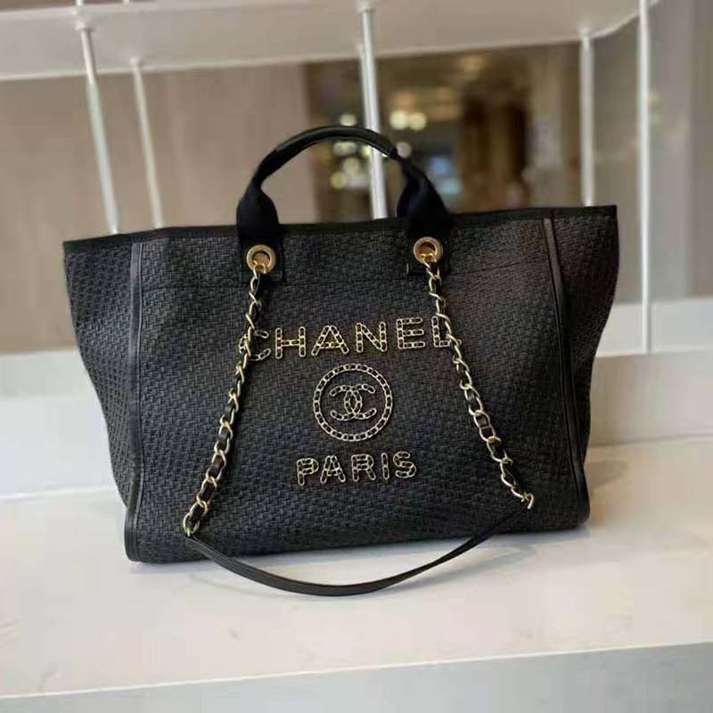 Chanel Women Large Shopping Bag Straw Calfskin & Gold-Tone Metal Black -  LULUX