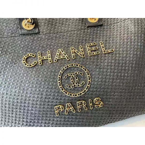 Chanel Women Large Shopping Bag Straw Calfskin & Gold-Tone Metal Black (8)