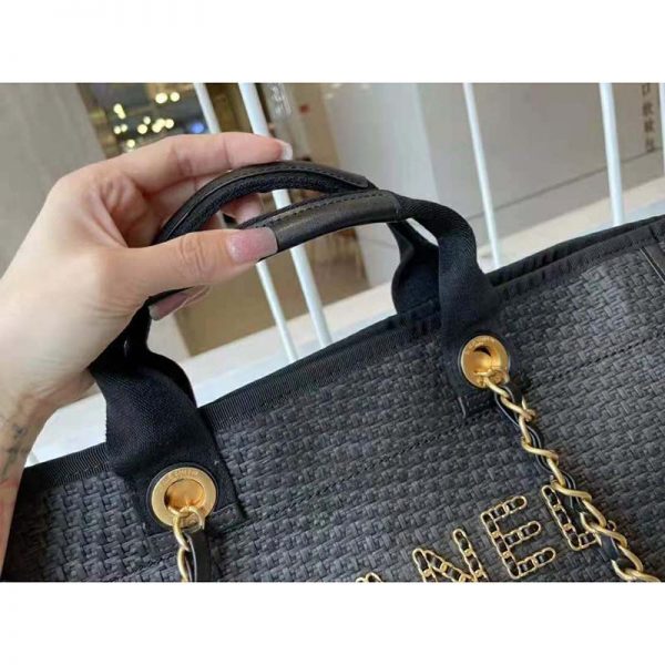 Chanel Women Large Shopping Bag Straw Calfskin & Gold-Tone Metal Black (9)