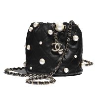 Chanel Women Mini Drawstring Bag Lambskin Imitation Pearls & Gold-Tone Metal Black