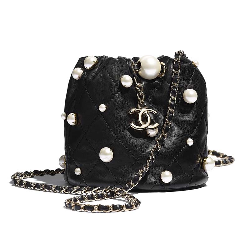 Mini Drawstring Pearl-Strap Bag, Black - 12 × 12 × 12 cm