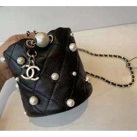 Chanel Women Mini Drawstring Bag Lambskin Imitation Pearls & Gold-Tone Metal Black