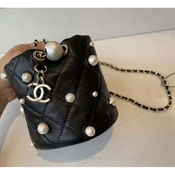 Chanel Women Mini Drawstring Bag Lambskin Imitation Pearls & Gold-Tone Metal Black (10)