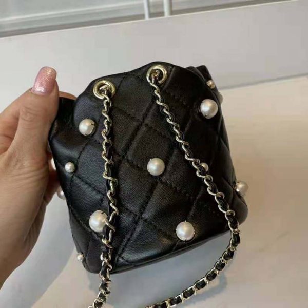 Chanel Women Mini Drawstring Bag Lambskin Imitation Pearls & Gold-Tone Metal Black (11)
