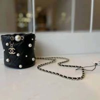 Chanel Women Mini Drawstring Bag Lambskin Imitation Pearls & Gold-Tone Metal Black