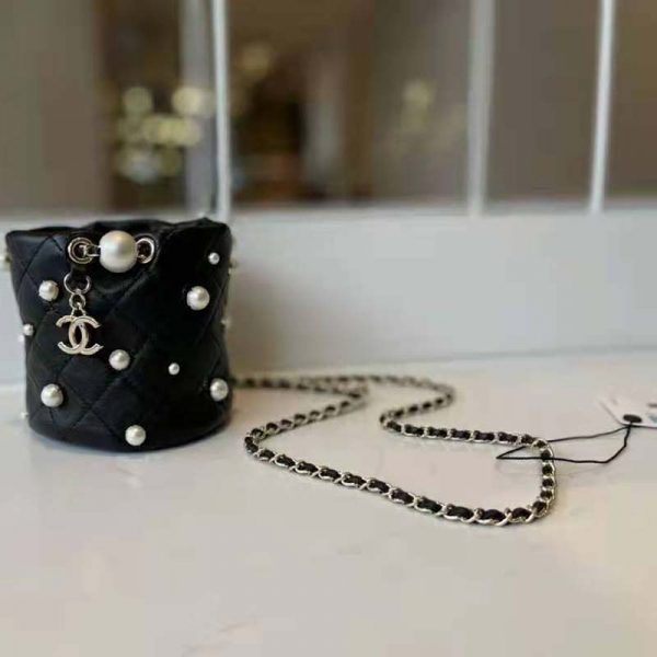 Chanel Women Mini Drawstring Bag Lambskin Imitation Pearls & Gold-Tone Metal Black (7)