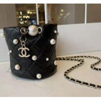 Chanel Women Mini Drawstring Bag Lambskin Imitation Pearls & Gold-Tone Metal Black