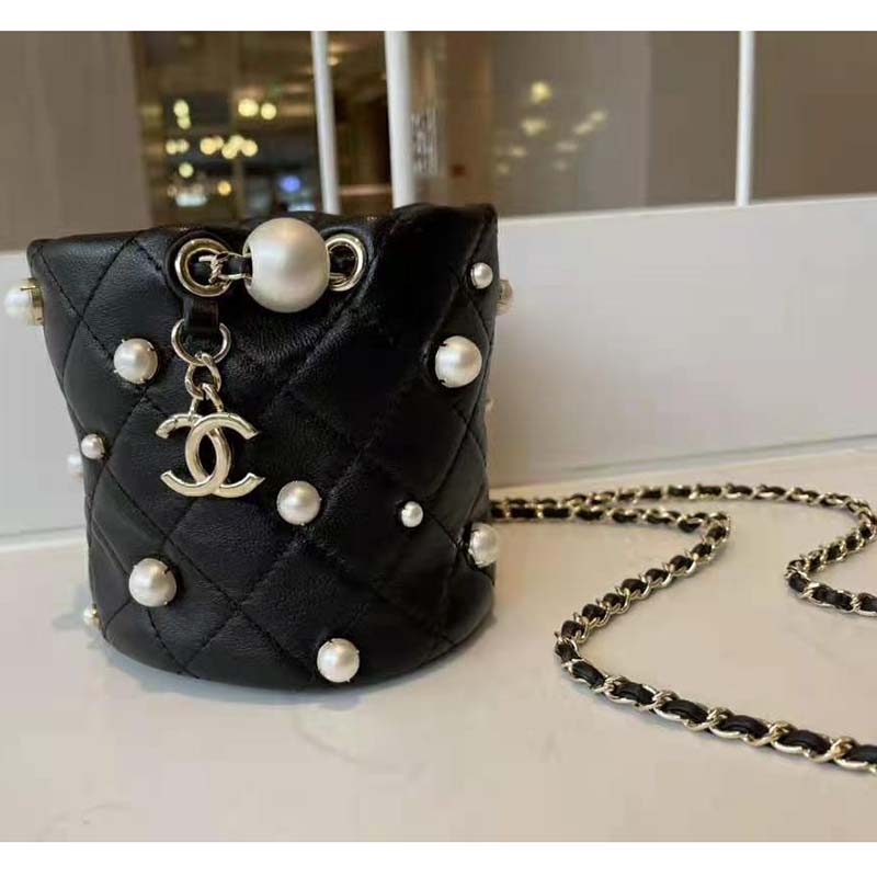 Chanel Women Mini Drawstring Bag Lambskin Imitation Pearls & Gold