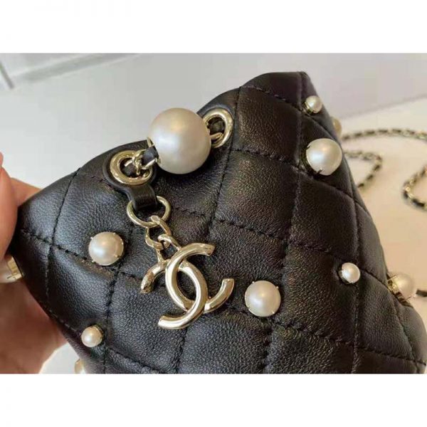 Chanel Women Mini Drawstring Bag Lambskin Imitation Pearls & Gold-Tone Metal Black (9)