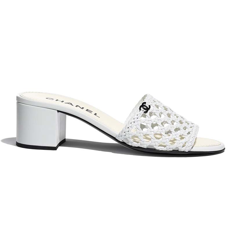 Chanel Women Mules Shiny Braided Goatskin White 4.5 cm Heel - LULUX