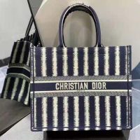 Dior Women Book Tote Blue D-Stripes ‘Christian Dior’ Embroidery