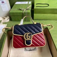 Gucci GG Women GG Marmont Mini Top Handle Bag Blue Red Diagonal Matelassé Leather