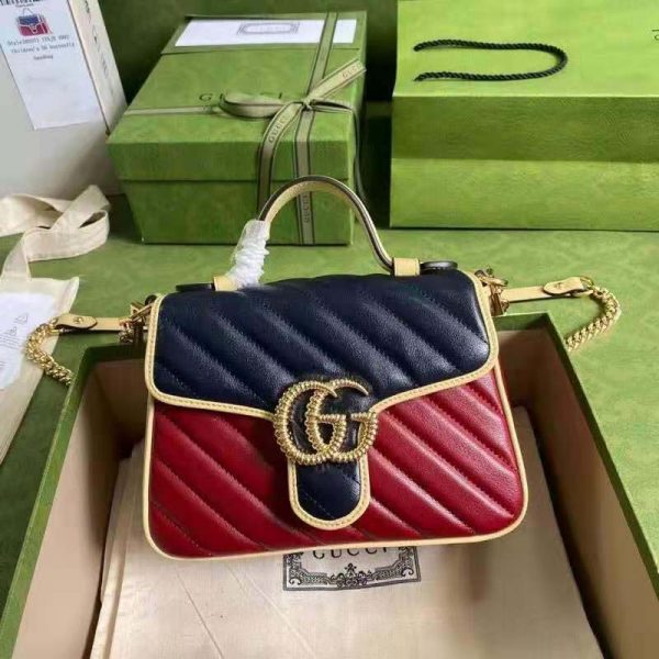 Gucci GG Women GG Marmont Mini Top Handle Bag Blue Red Diagonal Matelassé Leather (1)