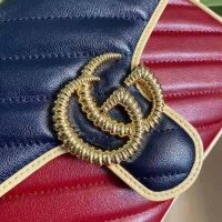 Gucci GG Women GG Marmont Mini Top Handle Bag Blue Red Diagonal Matelassé Leather