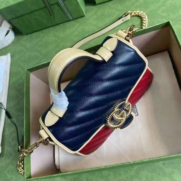 Gucci GG Women GG Marmont Mini Top Handle Bag Blue Red Diagonal Matelassé Leather (6)