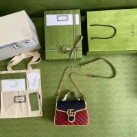 Gucci GG Women GG Marmont Mini Top Handle Bag Blue Red Diagonal Matelassé Leather