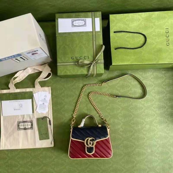 Gucci GG Women GG Marmont Mini Top Handle Bag Blue Red Diagonal Matelassé Leather (9)