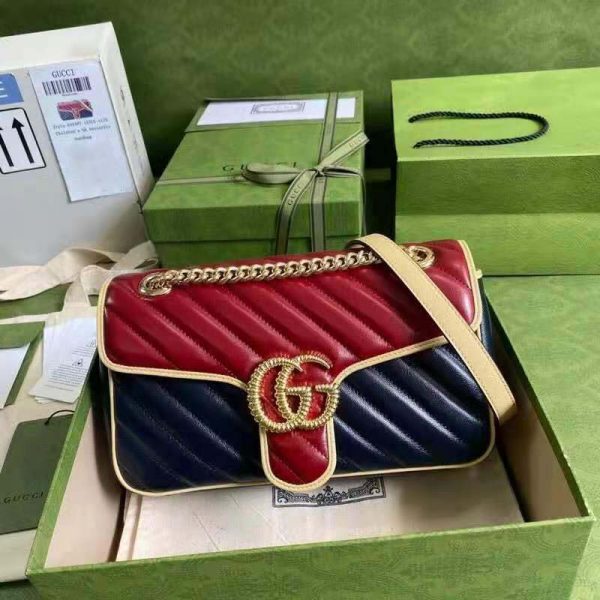 Gucci GG Women GG Marmont Small Shoulder Bag Blue Red Diagonal Matelassé Leather (3)