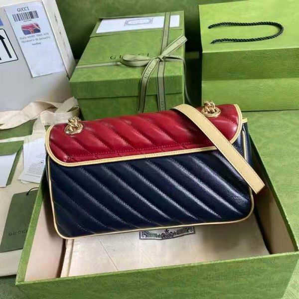 Gucci GG Women GG Marmont Small Shoulder Bag Blue Red Diagonal Matelassé Leather (4)