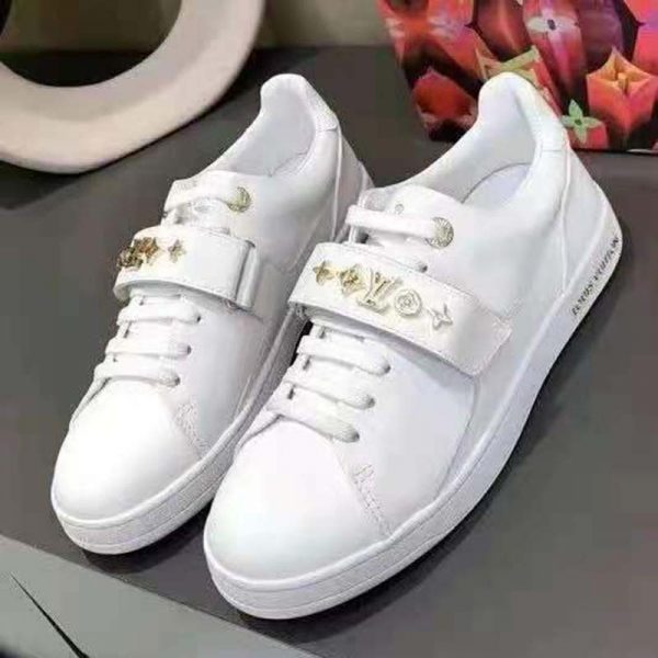 Louis Vuitton LV Unisex Frontrow Sneaker White Calf Leather Rubber Monogram Studs (8)
