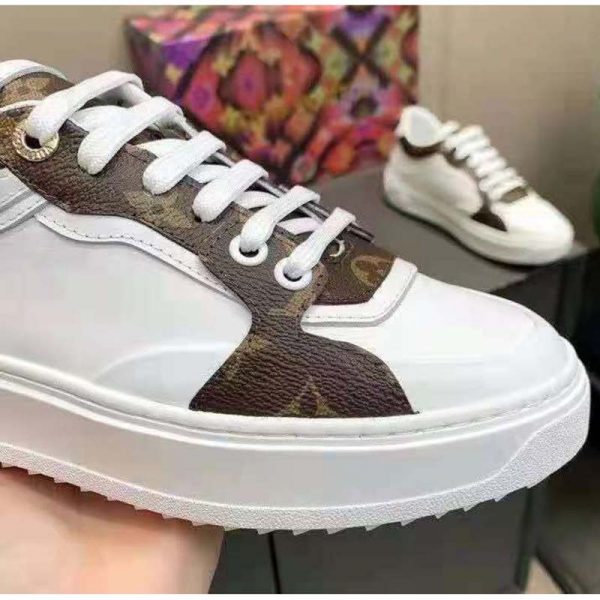 Louis Vuitton LV Women Time Out Sneaker Cacao Brown Calf Leather Patent Monogram Canvas (1)