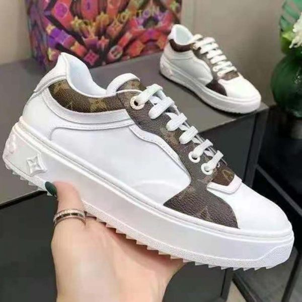 Louis Vuitton LV Women Time Out Sneaker Cacao Brown Calf Leather Patent Monogram Canvas (3)