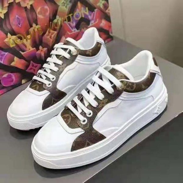 Louis Vuitton LV Women Time Out Sneaker Cacao Brown Calf Leather Patent Monogram Canvas (4)