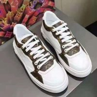 Louis Vuitton LV Women Time Out Sneaker Cacao Brown Calf Leather Patent Monogram Canvas