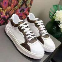 Louis Vuitton LV Women Time Out Sneaker Cacao Brown Calf Leather Patent Monogram Canvas