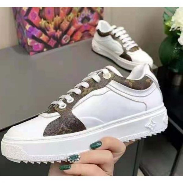 Louis Vuitton LV Women Time Out Sneaker Cacao Brown Calf Leather Patent Monogram Canvas (8)