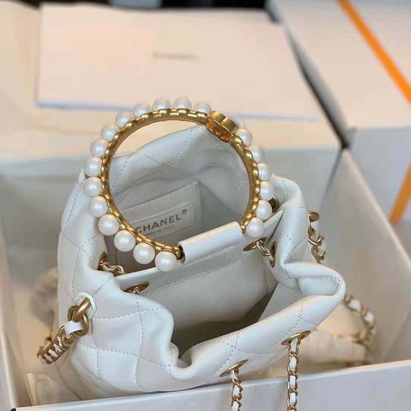 Chanel Women Mini Bucket Bag Calfskin Imitation Pearls Gold Tone Metal White  - LULUX
