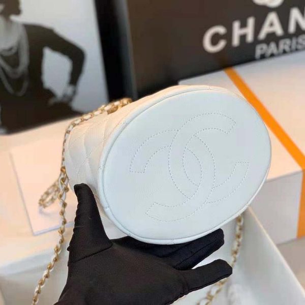 Chanel Women Mini Bucket Bag Calfskin Imitation Pearls Gold Tone Metal White (10)