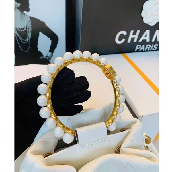 Chanel Women Mini Bucket Bag Calfskin Imitation Pearls Gold Tone Metal White (11)