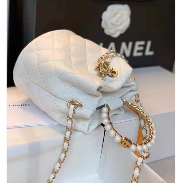 Chanel Women Mini Bucket Bag Calfskin Imitation Pearls Gold Tone Metal White (13)