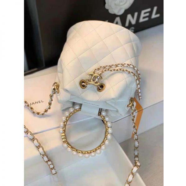 Chanel Women Mini Bucket Bag Calfskin Imitation Pearls Gold Tone Metal White (4)