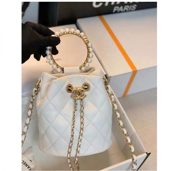 Chanel Women Mini Bucket Bag Calfskin Imitation Pearls Gold Tone Metal White (6)